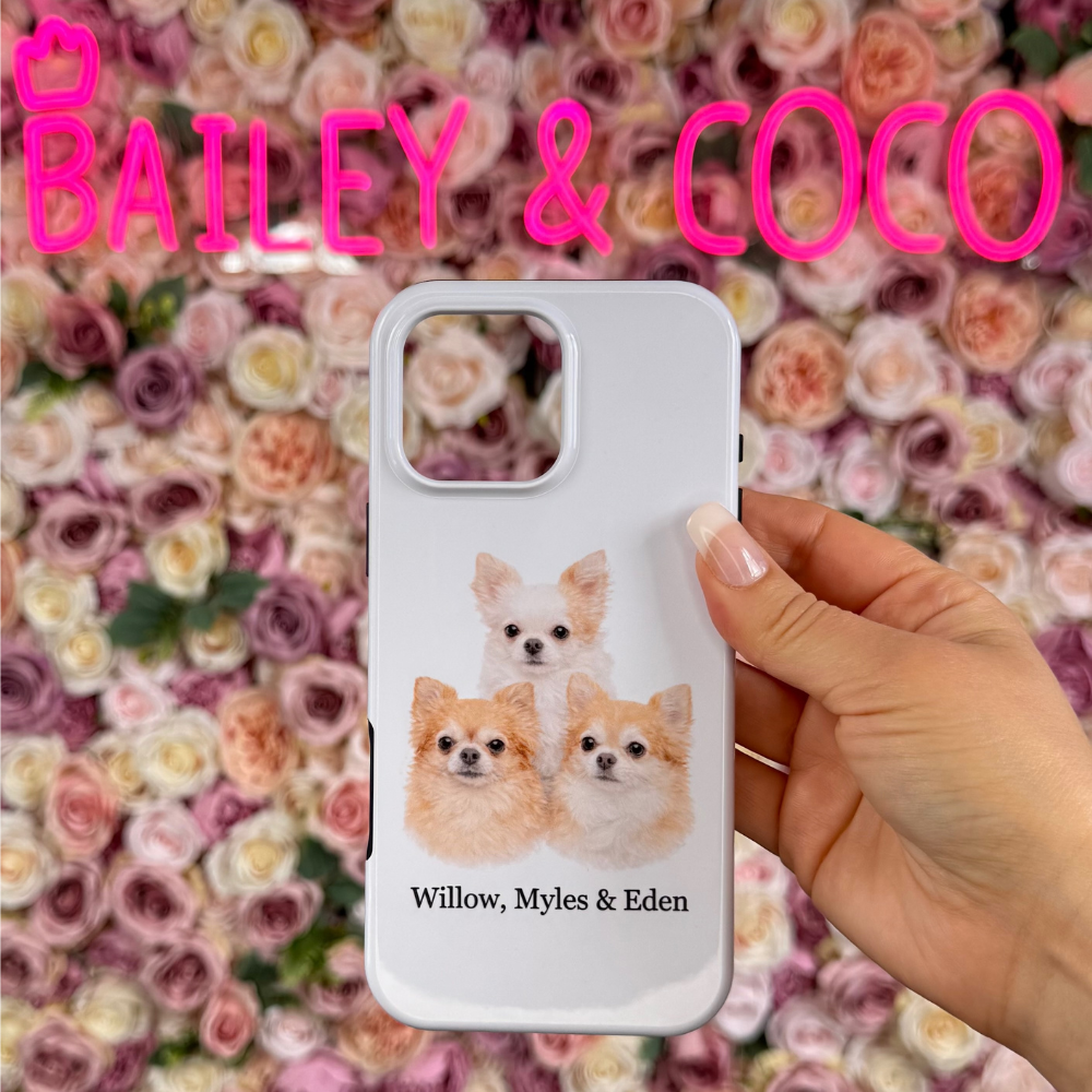 Close-up of a personalised dog phone case showing print quality